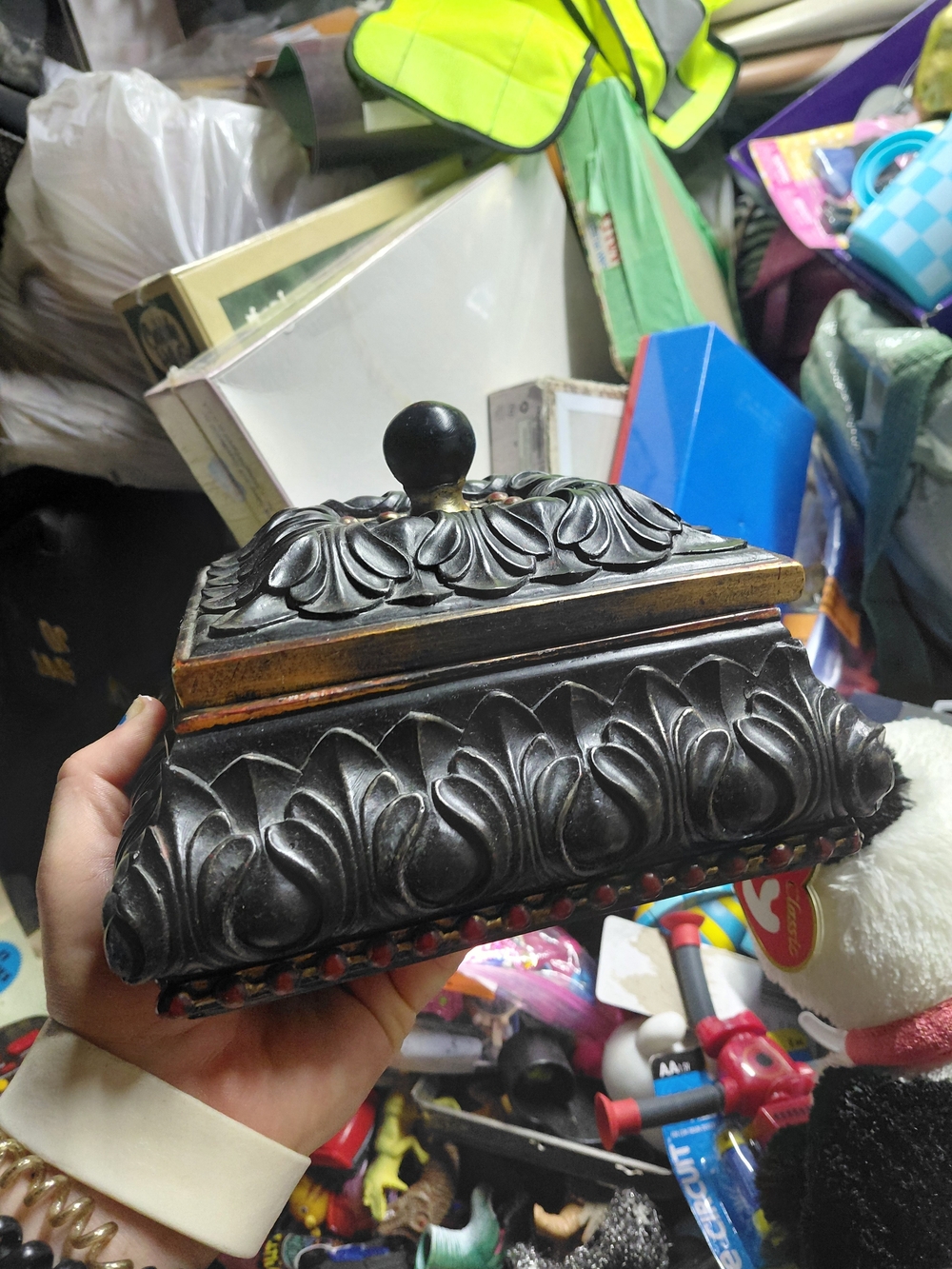 Ornate Black Carved Resin Jewelry Box with Gold Accent